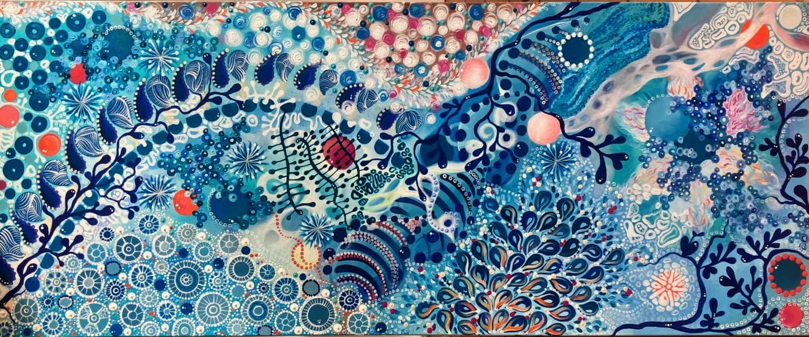 Behind the Scenes — original painting by Ritushka in cobalt, turquoise and coral, 60 × 150 cm (23.6 × 59.1 in)