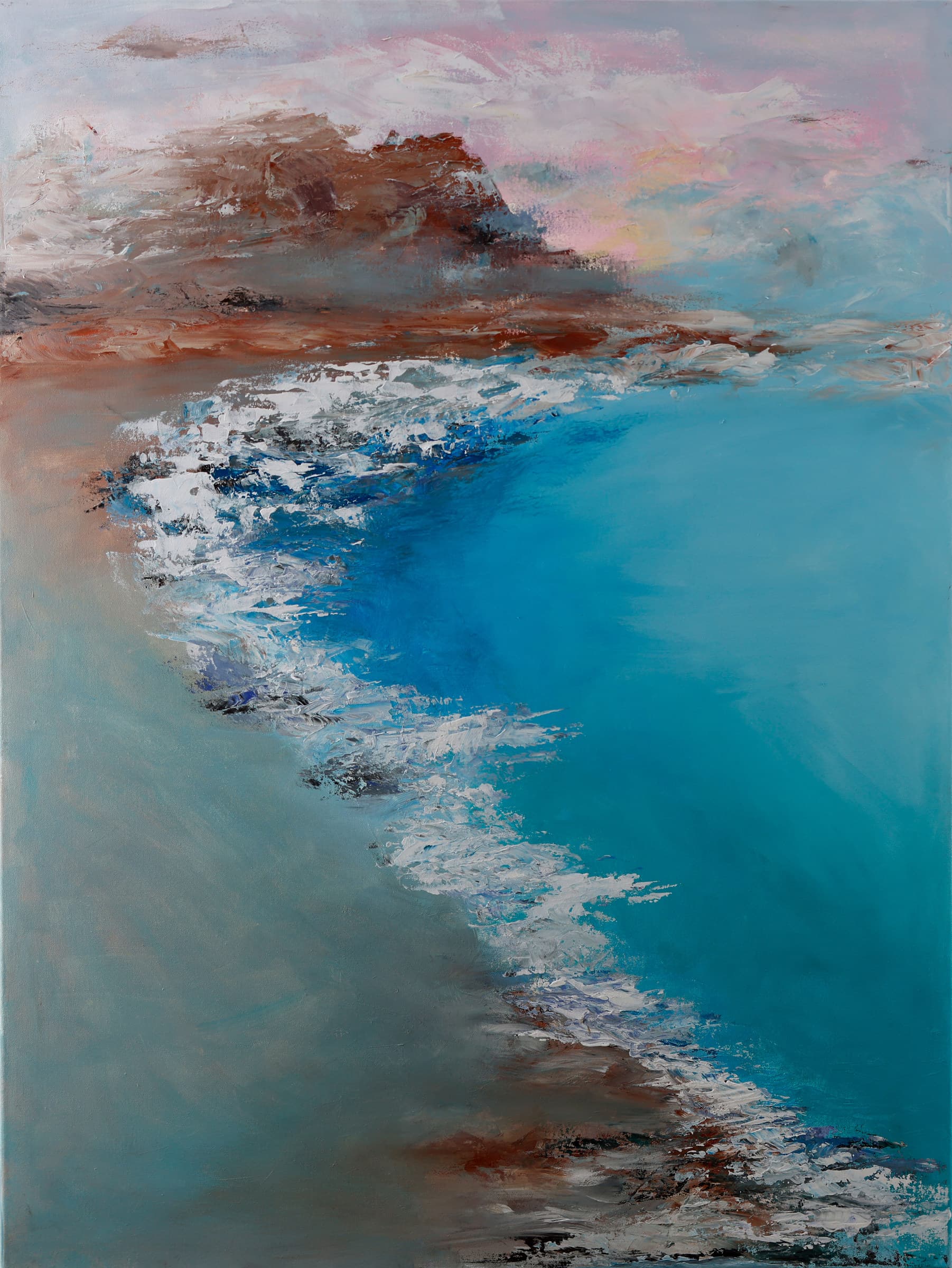 Erruption — original abstract landscapes painting by Ritushka in rust, cloud white and lagoon blue
