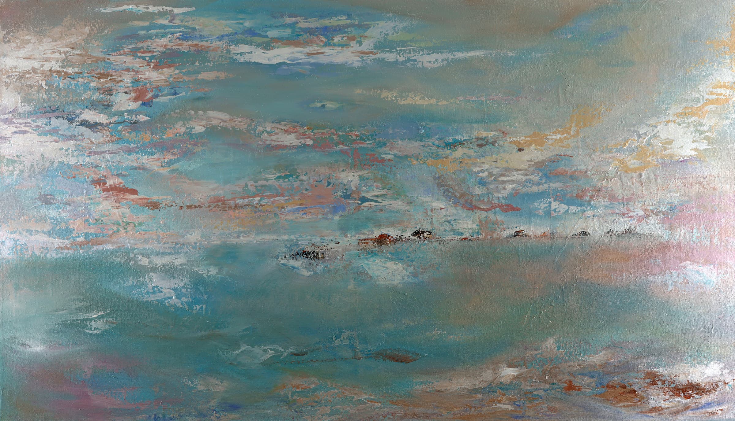 Horizon — original abstract landscapes painting by Ritushka in warm grey, taupe and soft gold