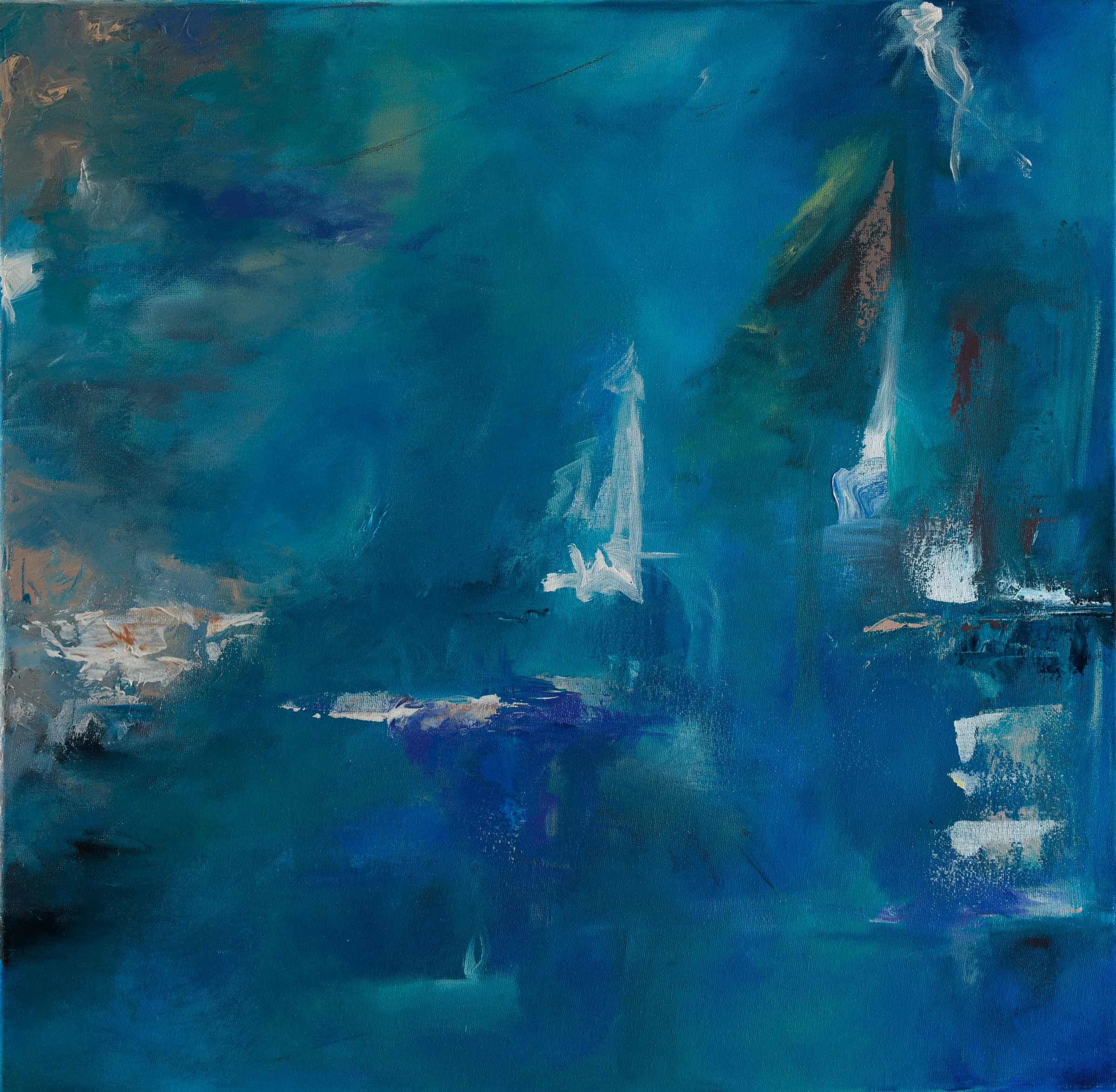 Set Sail — original abstract seascapes painting by Ritushka in deep sea blue, teal and white