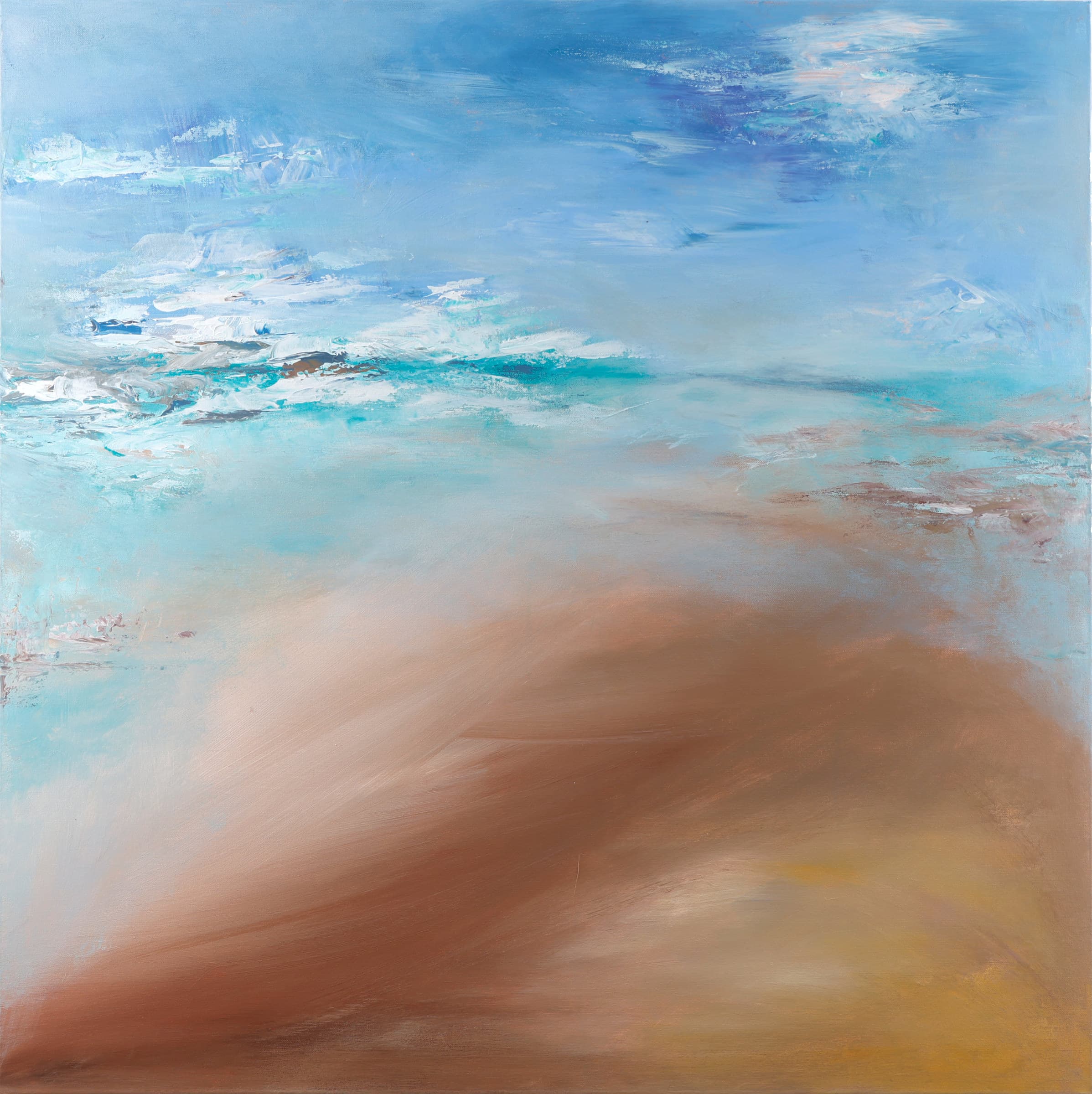 Shoreham — original coastal abstract art painting by Ritushka in sky blue, cloud white and warm dune