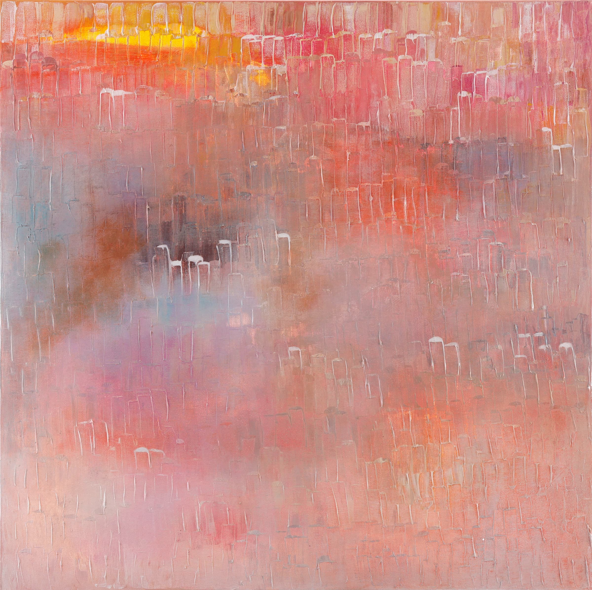 Sunrise Over Tokyo — original statement artworks painting by Ritushka in coral, flame orange and rose