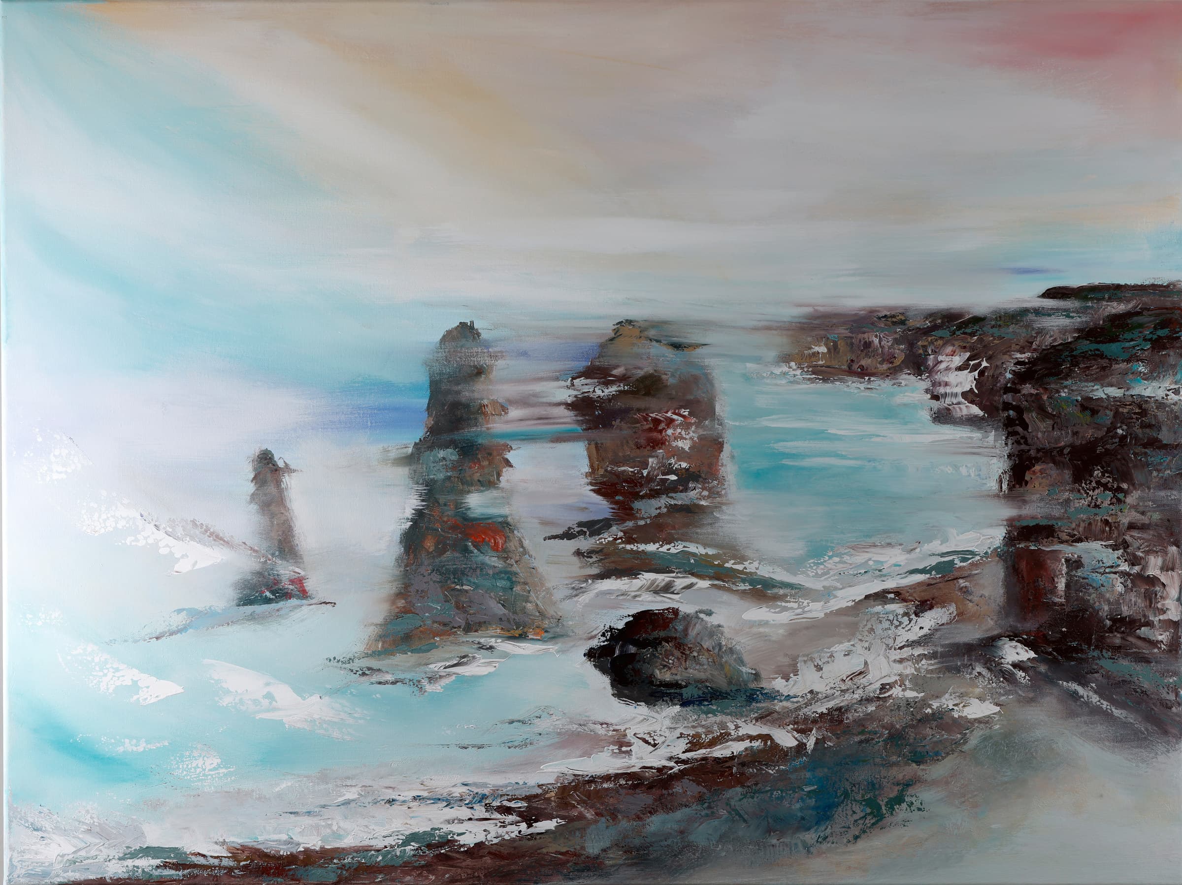 The Apostles — original coastal abstract art painting by Ritushka in sea green, storm grey and ochre stone