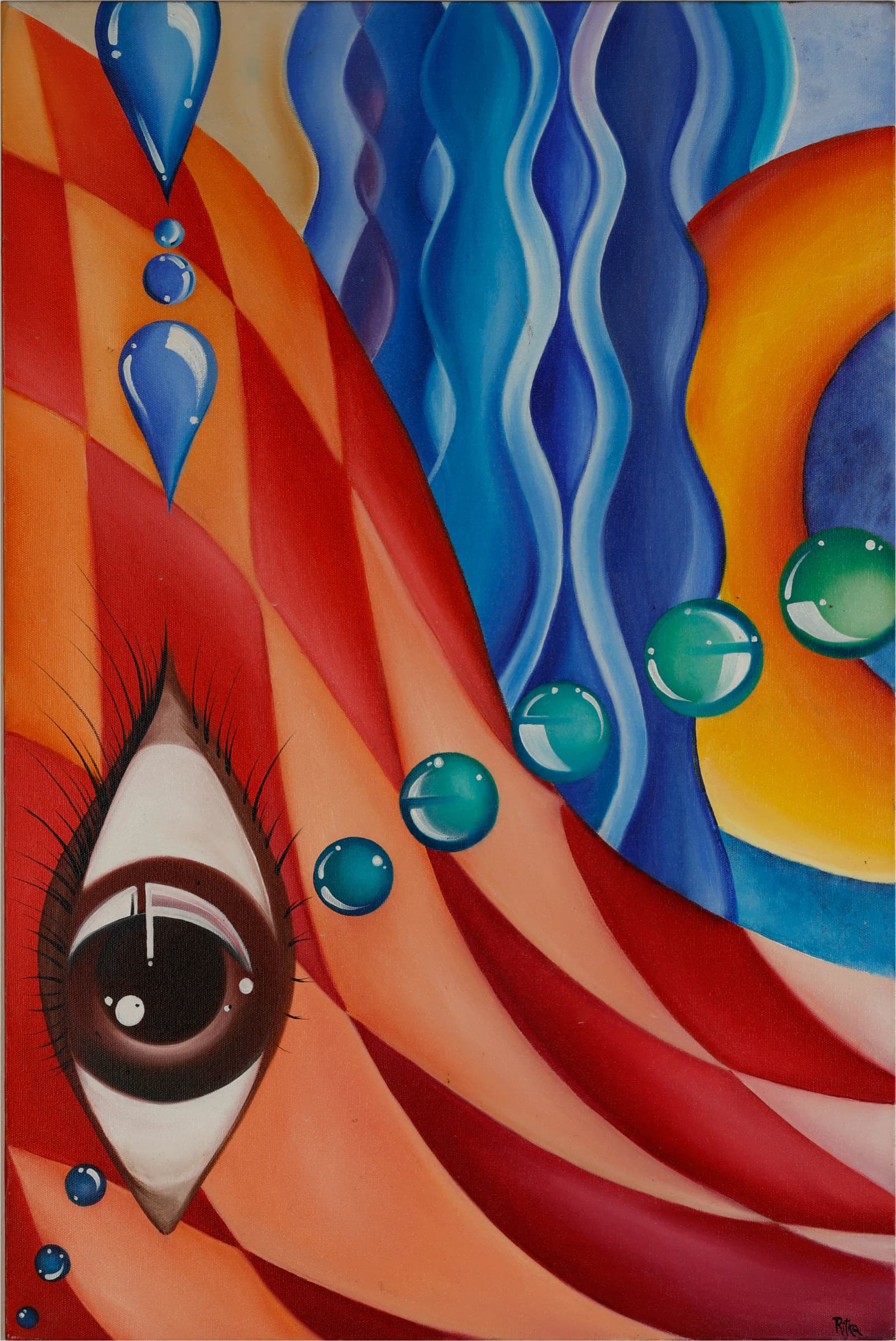 The World In My Eyes II — original other works painting by Ritushka in saturated orange, blue and teal
