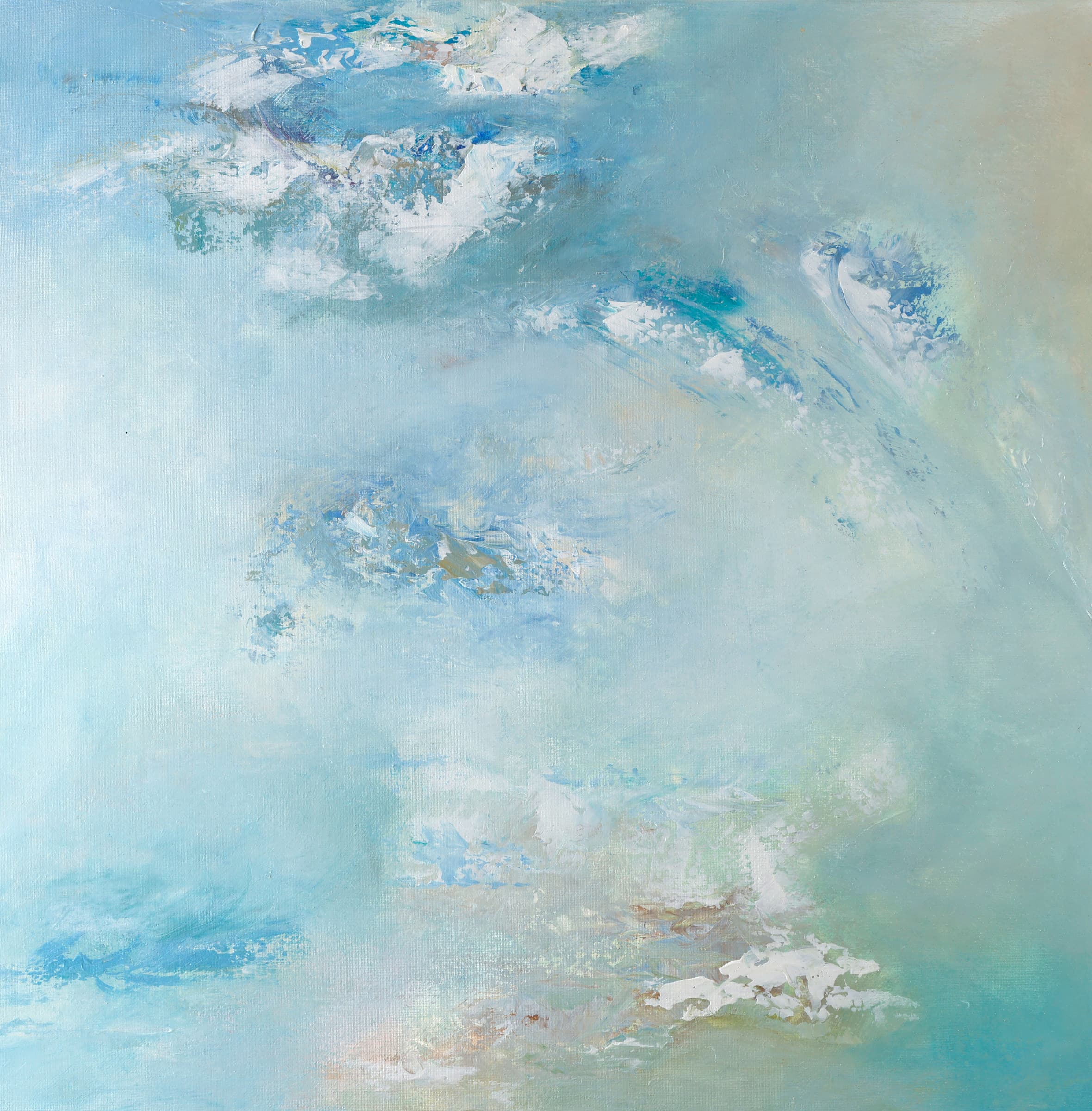 Turbulence — original abstract seascapes painting by Ritushka in pale blue, cloud white and aqua