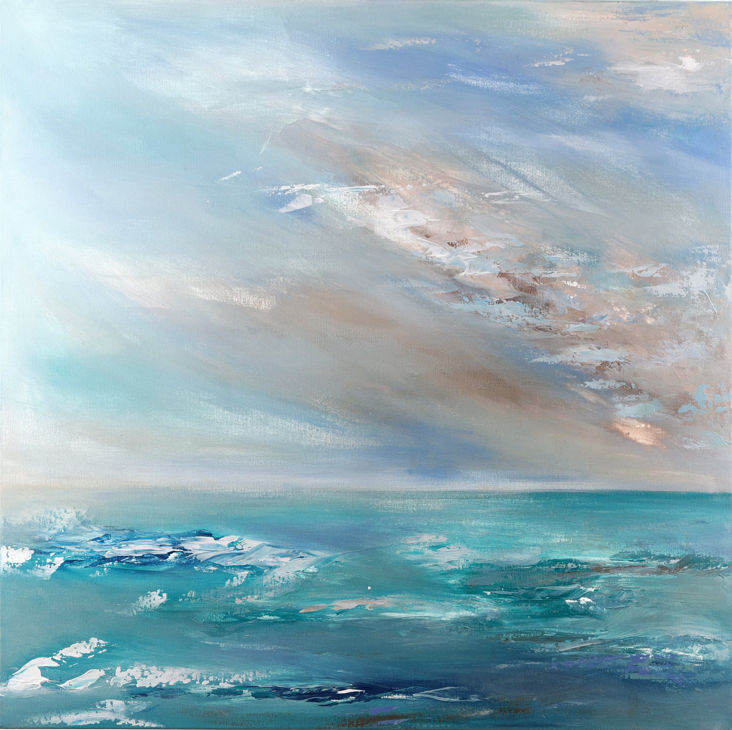 Turquoise Tuesday — original abstract seascapes painting by Ritushka in turquoise, surf white and soft sky