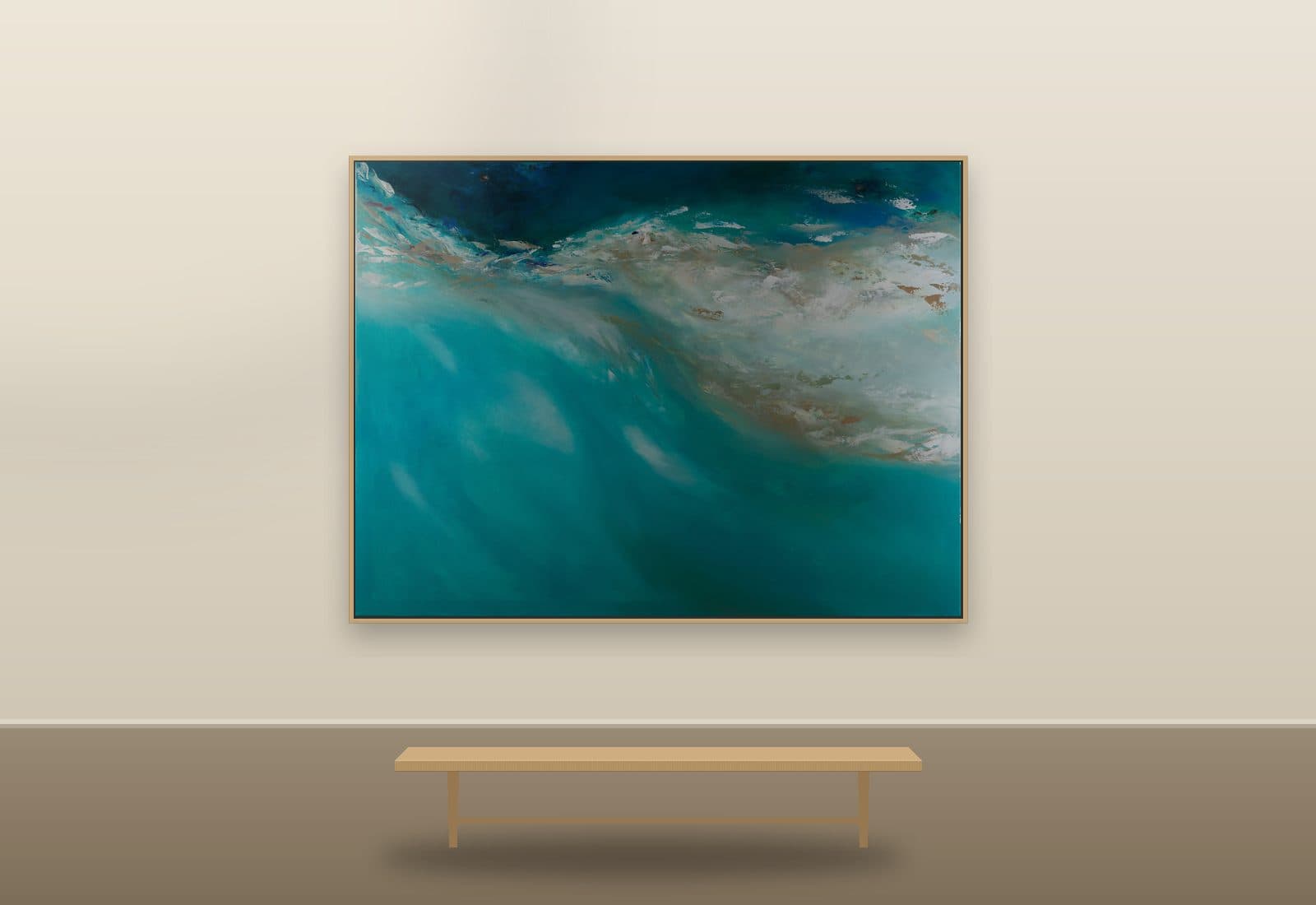 Approaching Destination by Ritushka displayed in a living room — deep teal, seafoam and warm sand