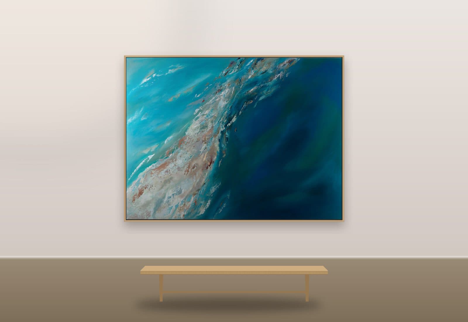 Desire by Ritushka displayed in a designer space — deep ocean blue, teal and breaking white