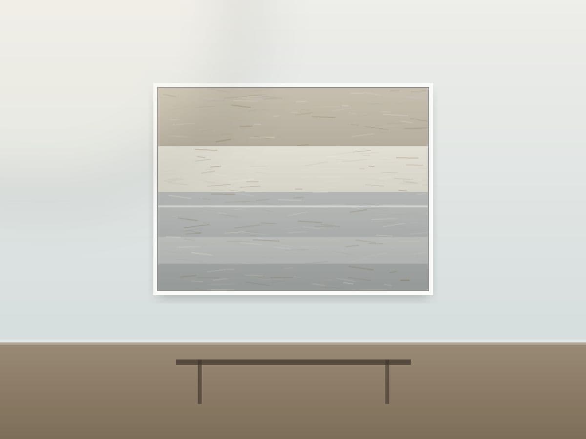 Drift Mirage by Ritushka displayed in a coastal home — charcoal, fog and muted gold