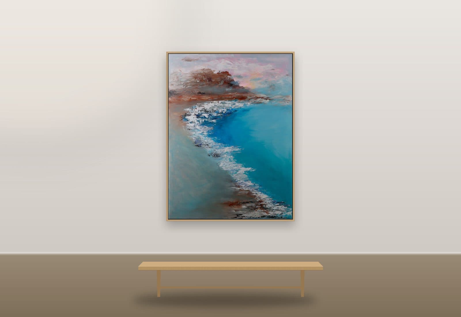 Erruption by Ritushka displayed in a penthouse — rust, cloud white and lagoon blue
