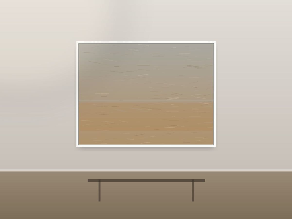 Field Cadence by Ritushka displayed in a hotel lobby — warm sand, ochre and chalk