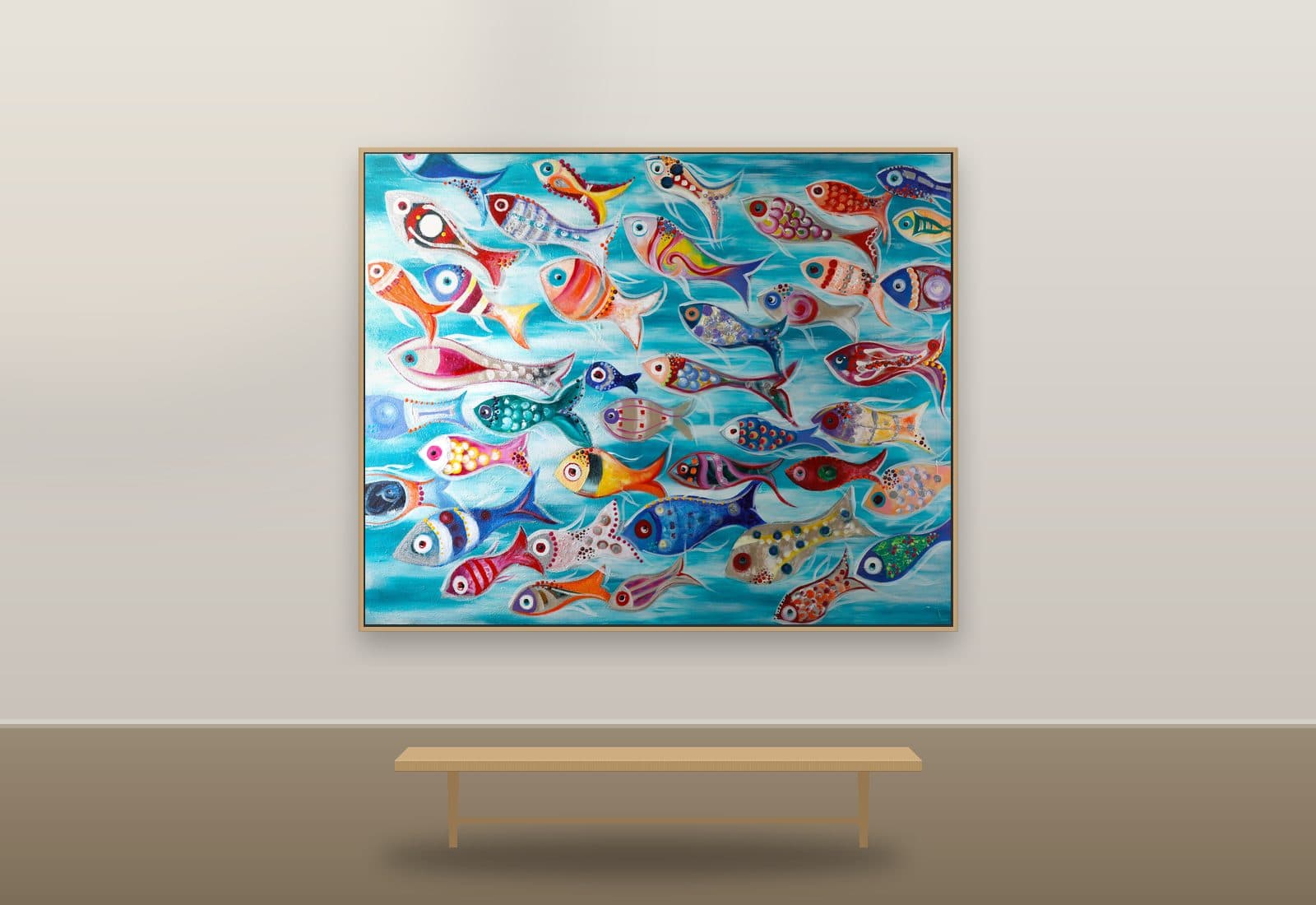 Go With the Flow by Ritushka displayed in a hotel lobby — turquoise with jewelled brights