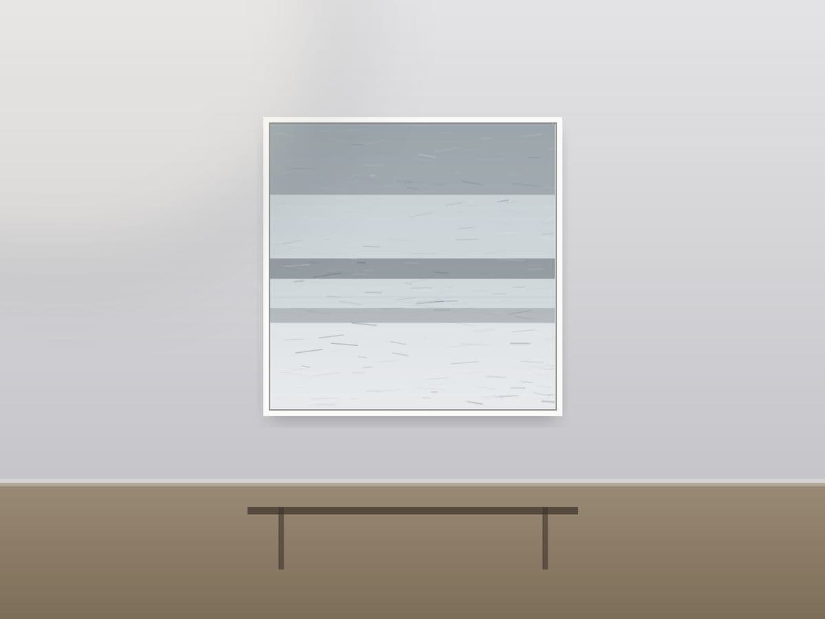 High Bloom by Ritushka displayed in a commercial space — slate greys, mist and pale silver