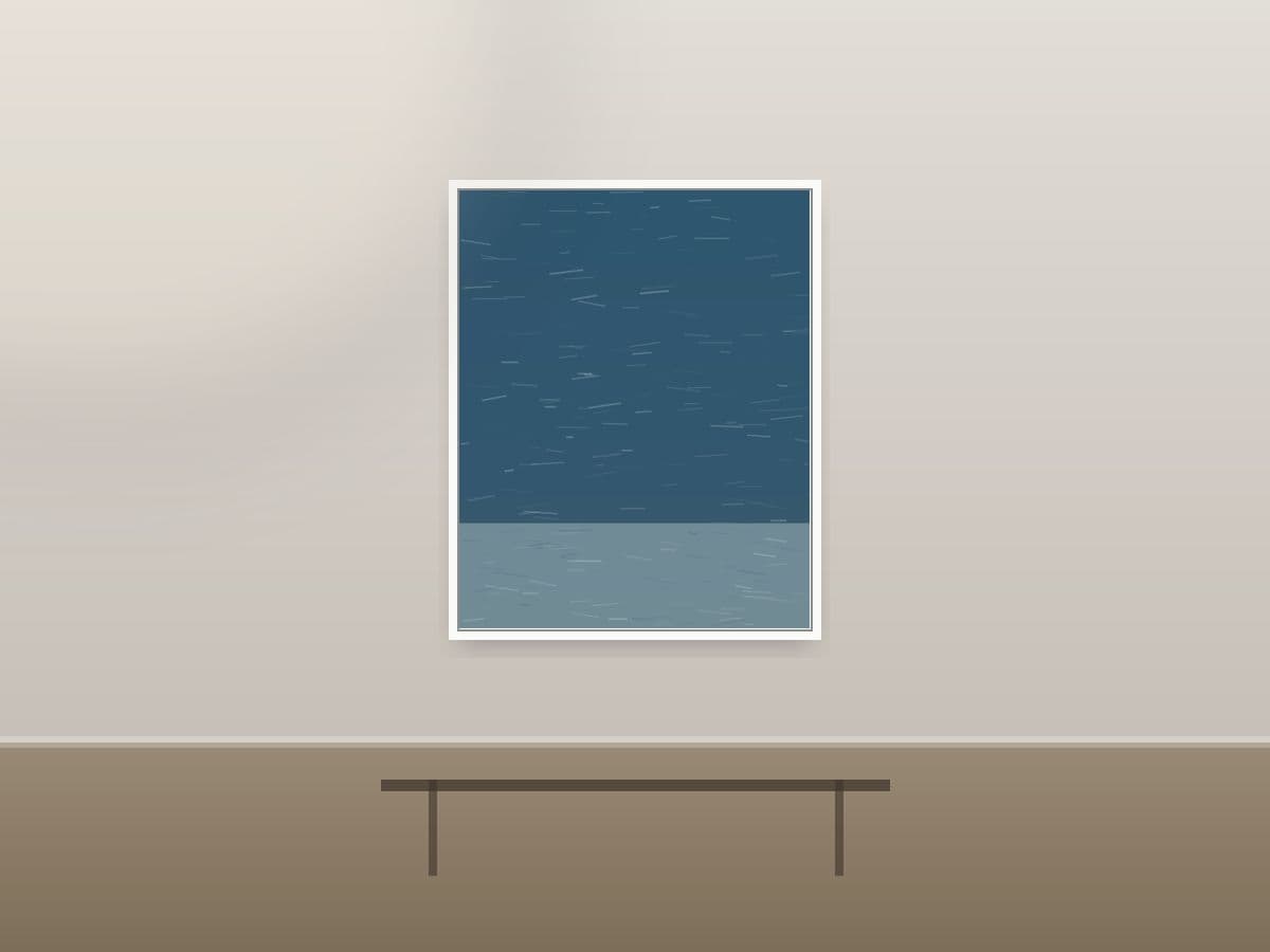 High Murmur by Ritushka displayed in a hotel lobby — soft bone whites, sea-foam and deep ocean blue