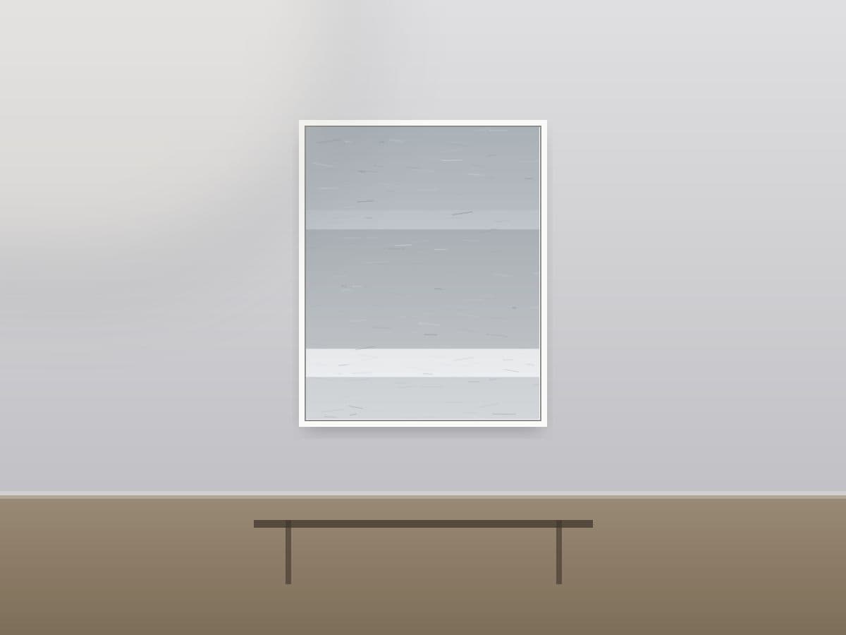 High Passage by Ritushka displayed in a boardroom — slate greys, mist and pale silver