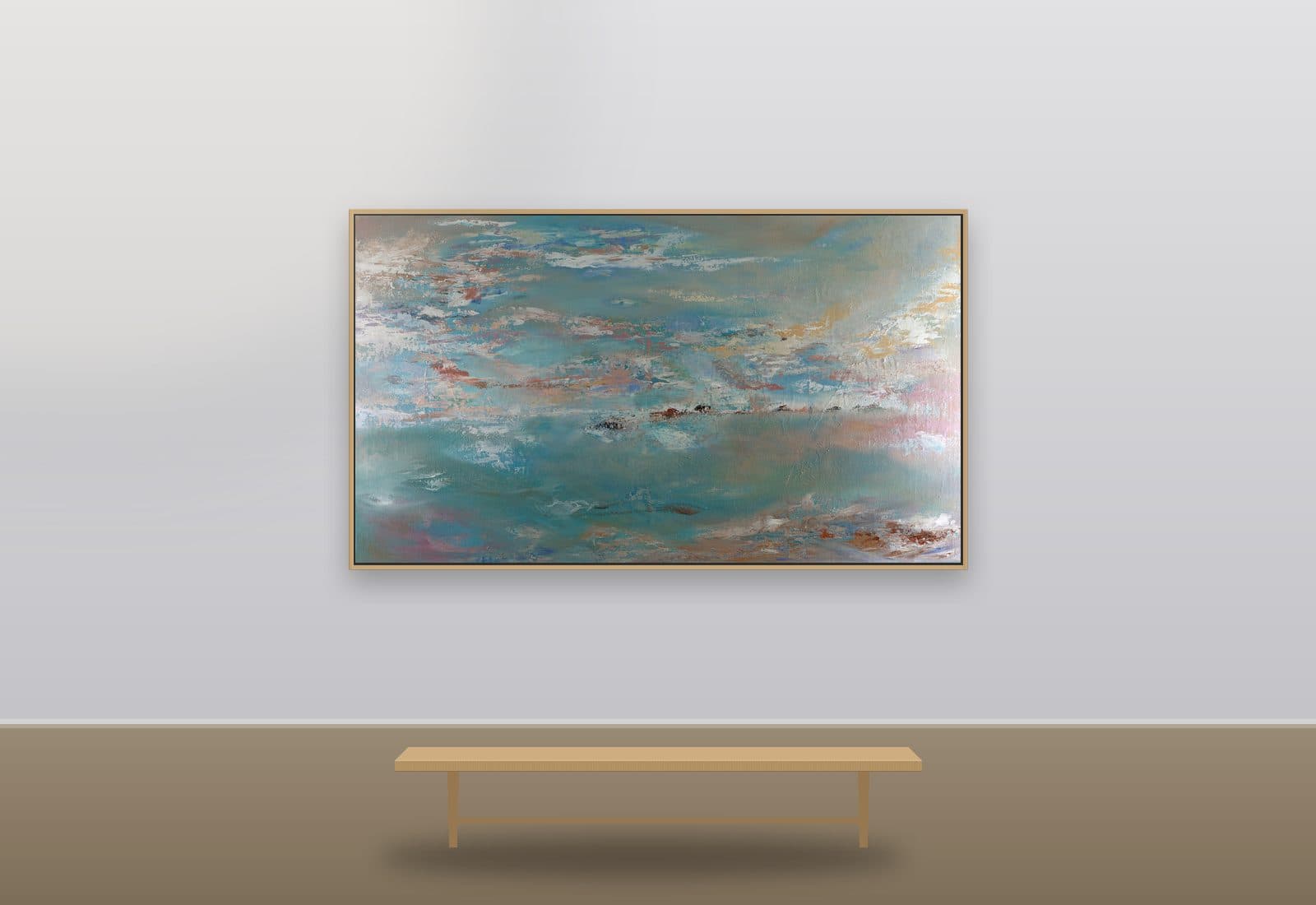 Horizon by Ritushka displayed in a boardroom — warm grey, taupe and soft gold