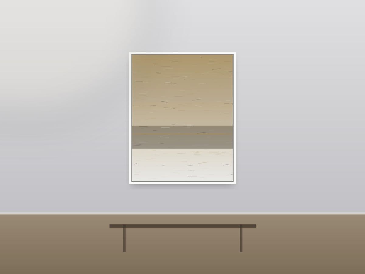 Low Cadence by Ritushka displayed in a boardroom — charcoal, fog and muted gold