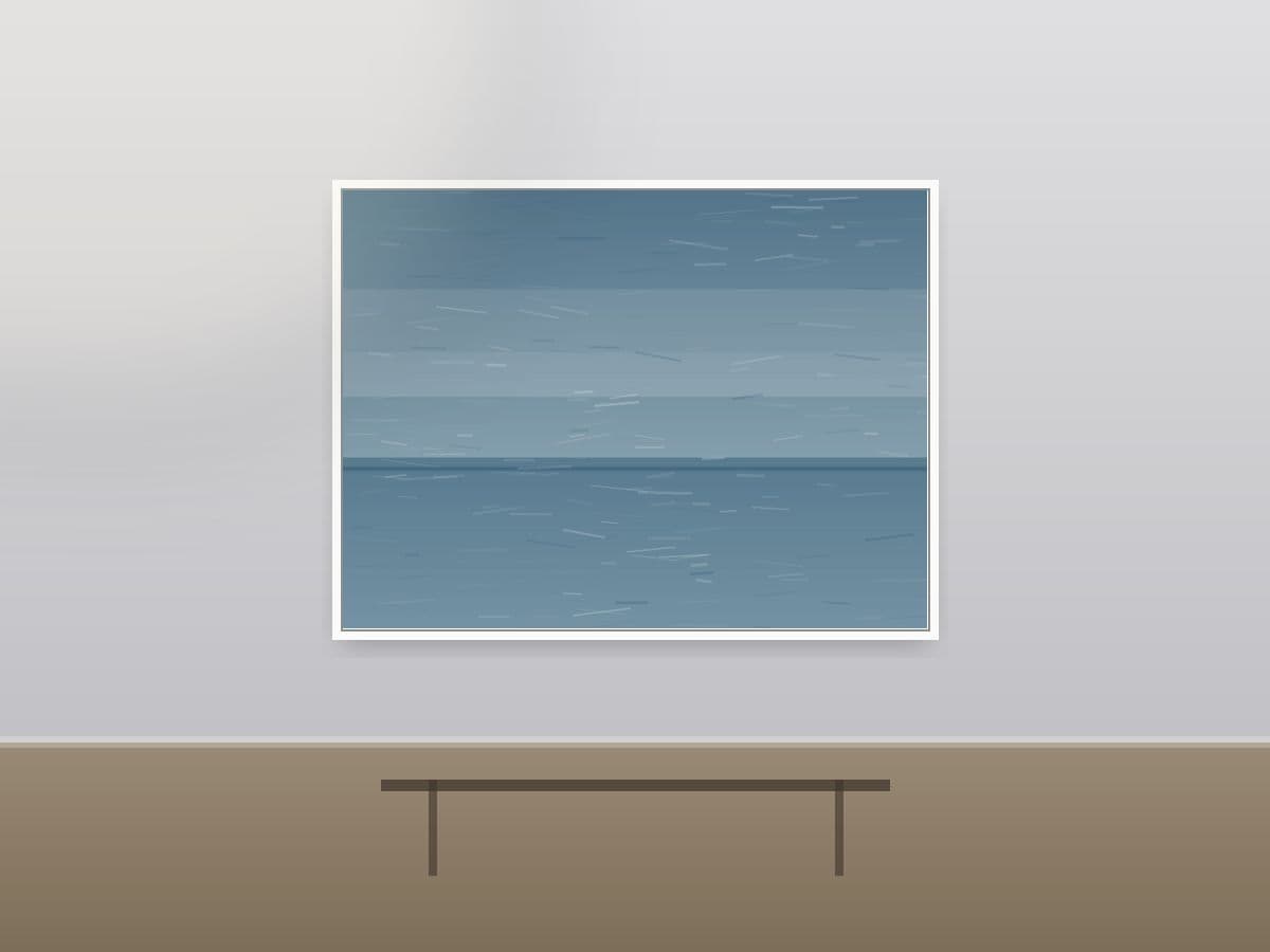 Morning Verge by Ritushka displayed in a boardroom — soft bone whites, sea-foam and deep ocean blue