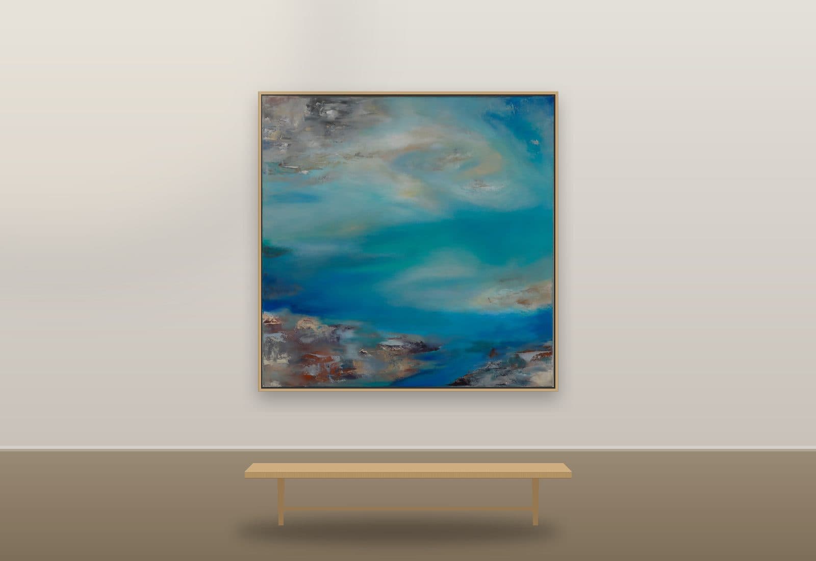 Piece of White Heaven by Ritushka displayed in a hotel lobby — sky blue, cloud white and aqua
