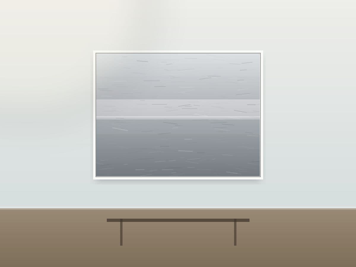 Quiet Drift by Ritushka displayed in a coastal home — slate greys, mist and pale silver