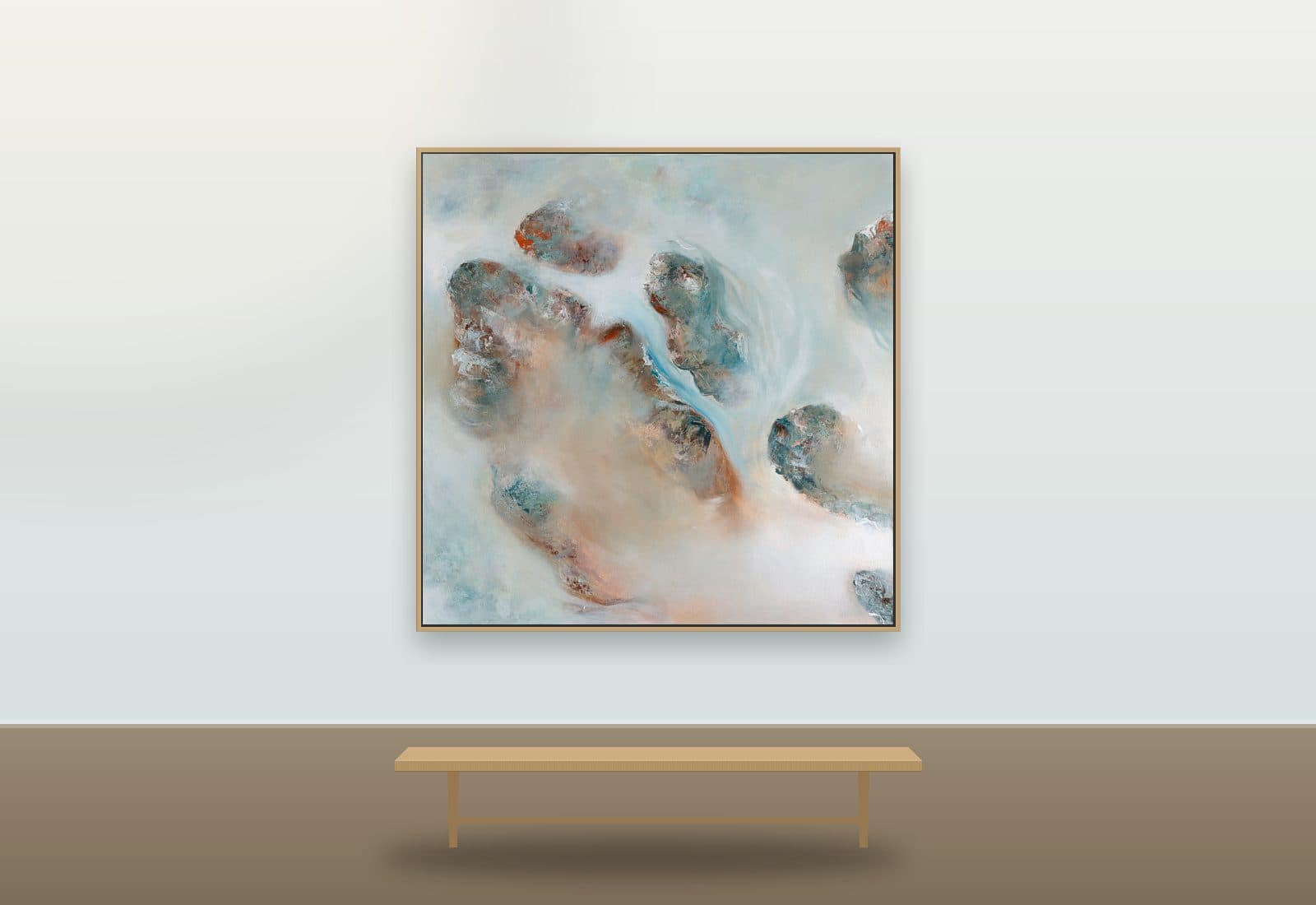 Rushing Shallows by Ritushka displayed in a coastal home — bone white, stone and pale aqua