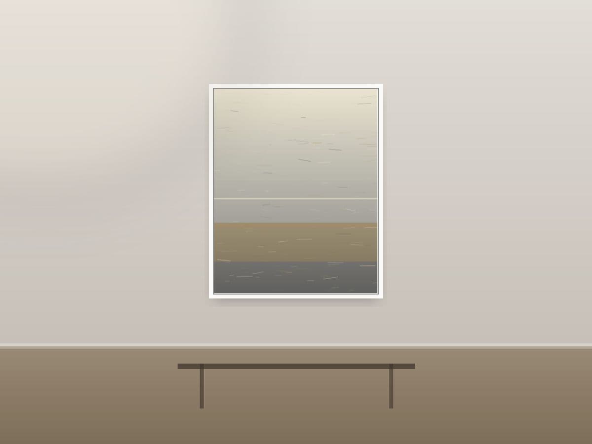 Shoreline Mirage by Ritushka displayed in a hotel lobby — charcoal, fog and muted gold
