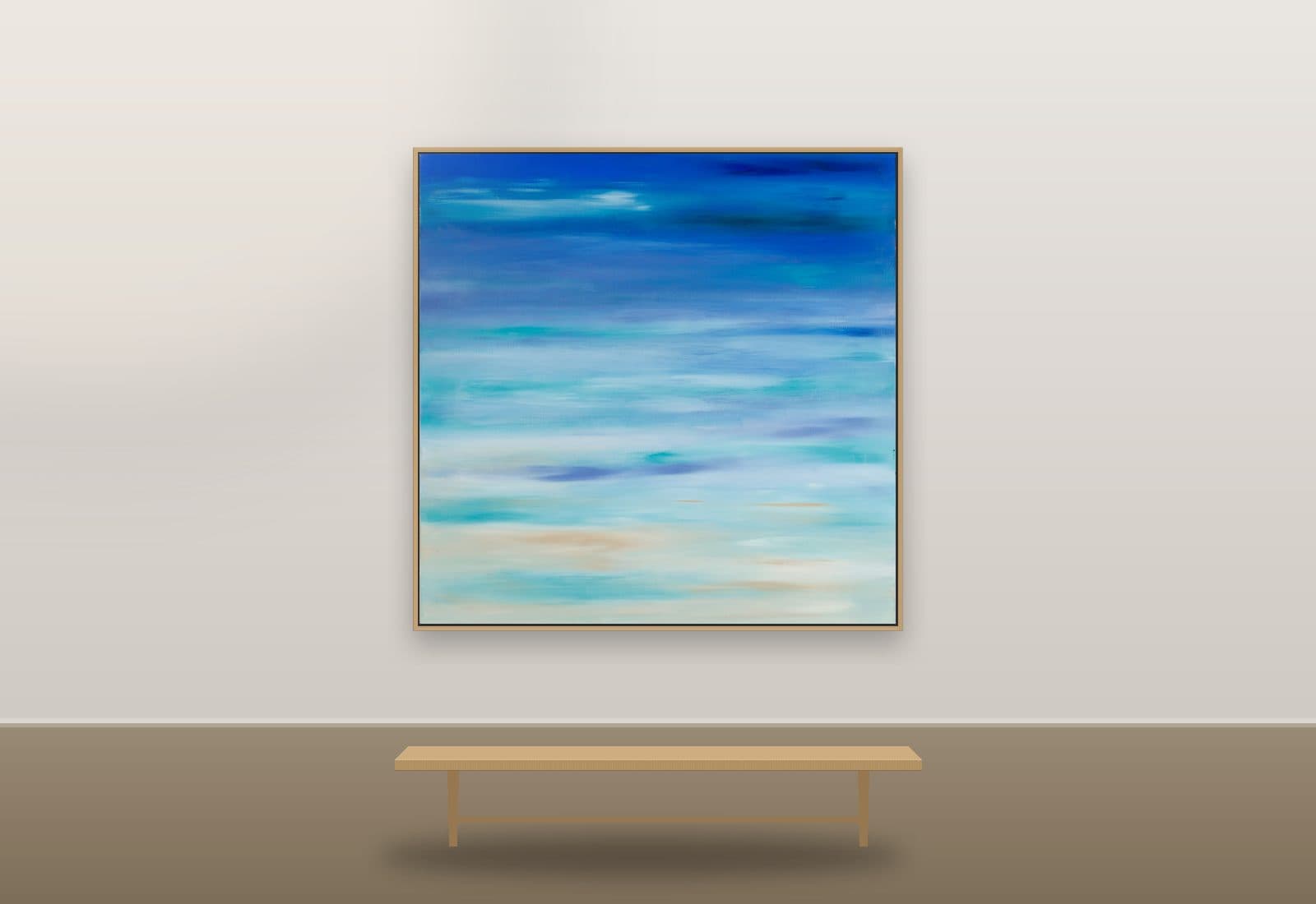 Stillness by Ritushka displayed in a penthouse — cobalt, aqua and warm sand