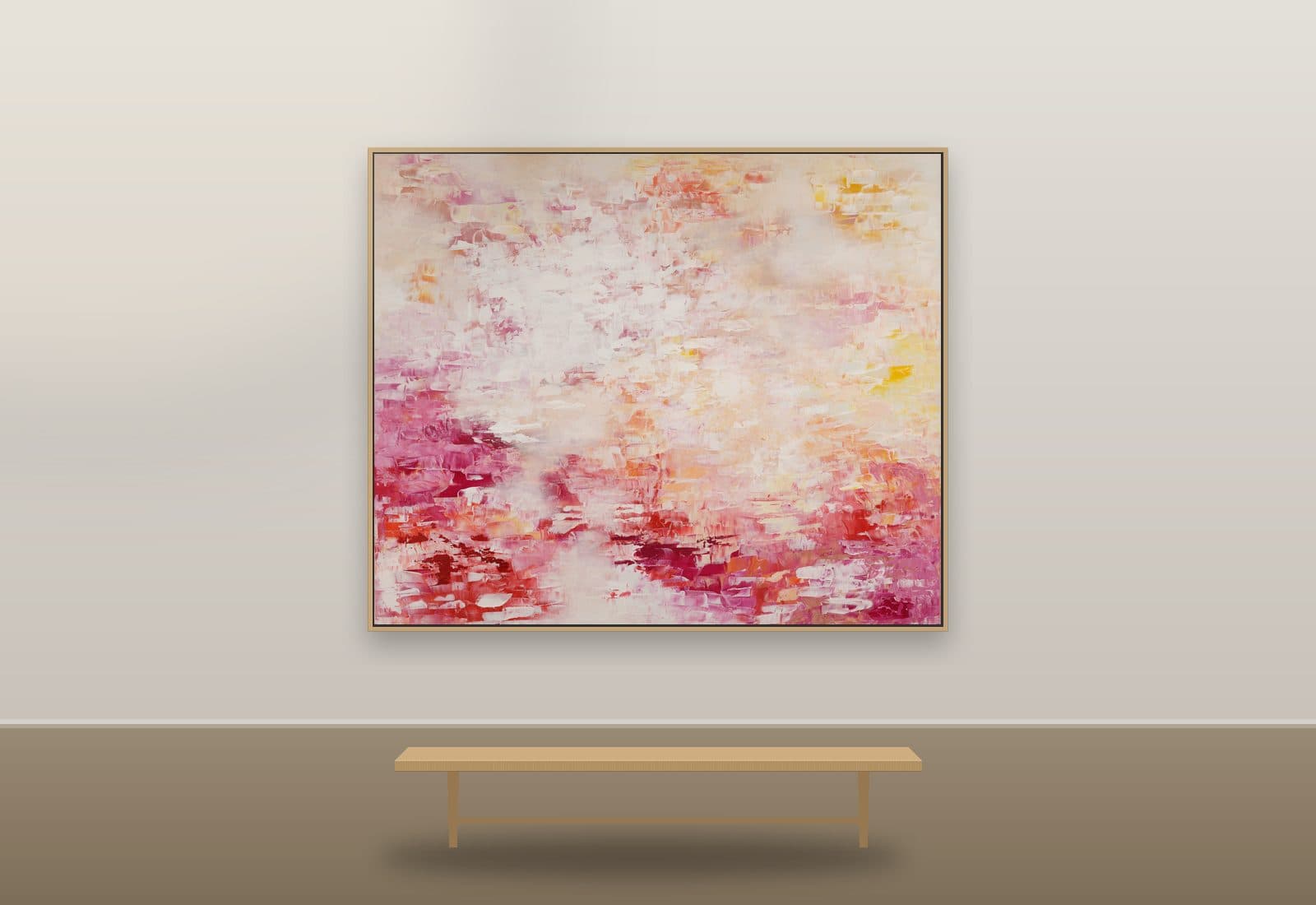 Strangely Attracted to You by Ritushka displayed in a hotel lobby — rose, crimson and cream