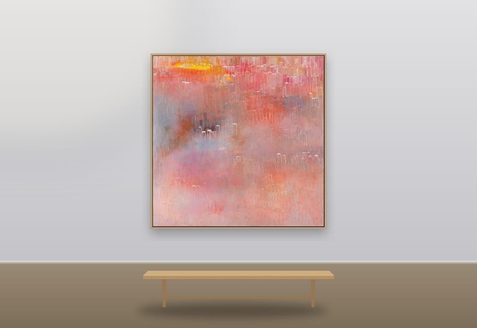 Sunrise Over Tokyo by Ritushka displayed in a boardroom — coral, flame orange and rose