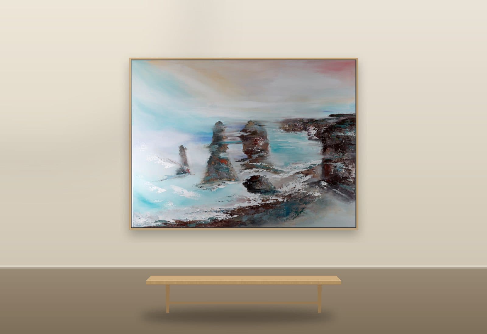 The Apostles by Ritushka displayed in a living room — sea green, storm grey and ochre stone