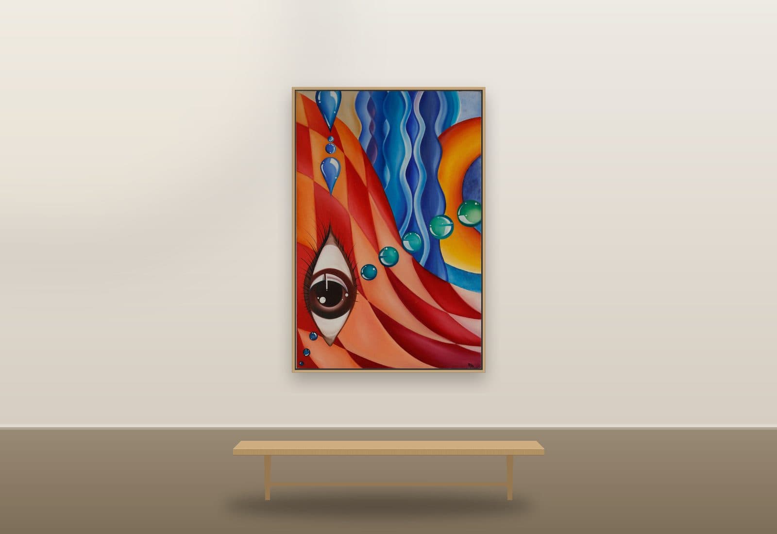 The World In My Eyes II by Ritushka displayed in a luxury home — saturated orange, blue and teal