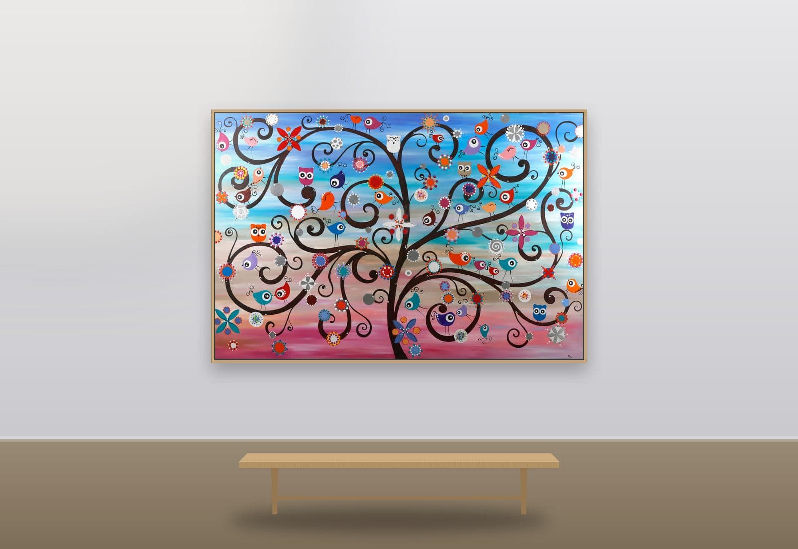 Tree of Our Life by Ritushka displayed in a modern apartment — turquoise, blush and jewelled brights