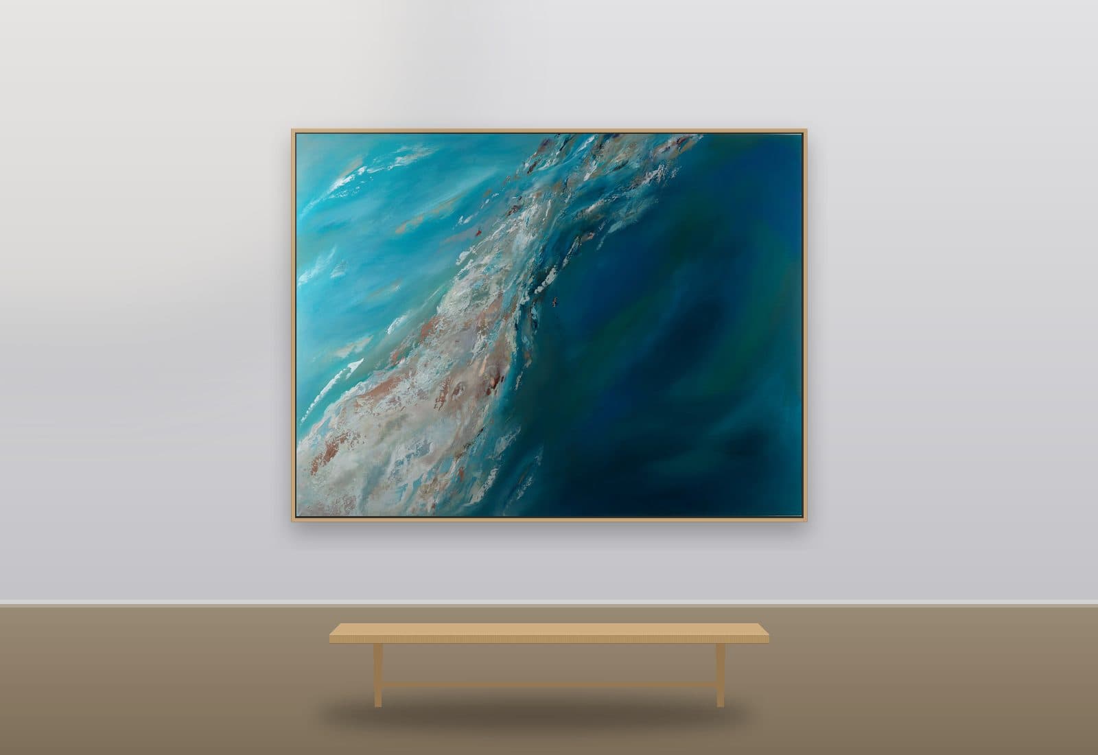 Wave by Ritushka displayed in a boardroom — turquoise, deep blue and foam white