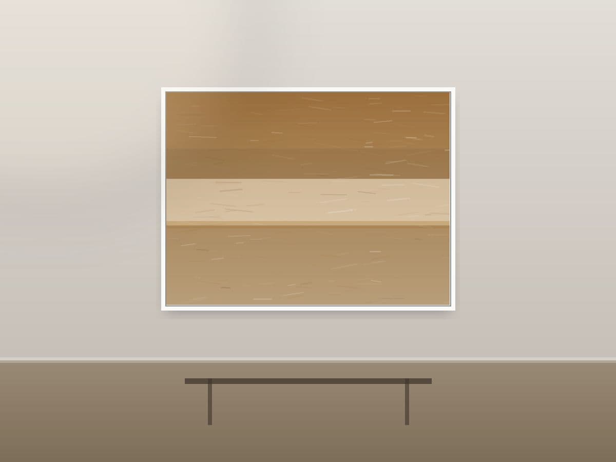 Windward Hollow by Ritushka displayed in a hotel lobby — warm sand, ochre and chalk