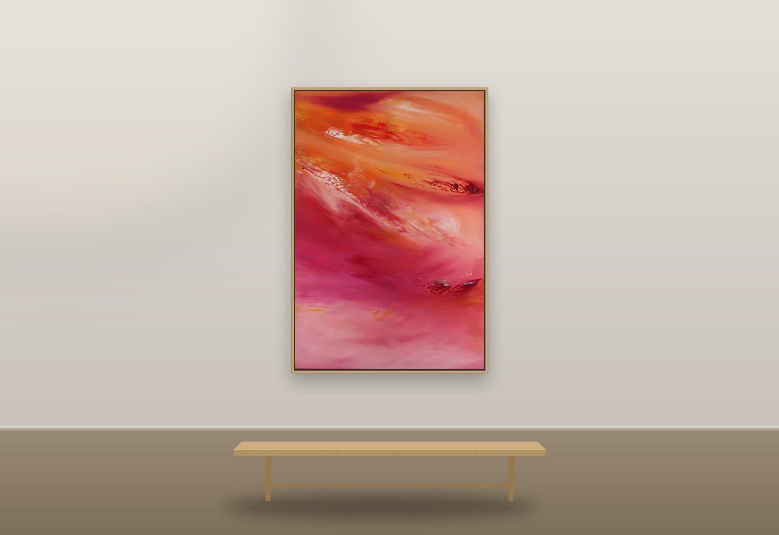 Without Sweet Harmony by Ritushka displayed in a hotel lobby — flame orange, crimson and rose