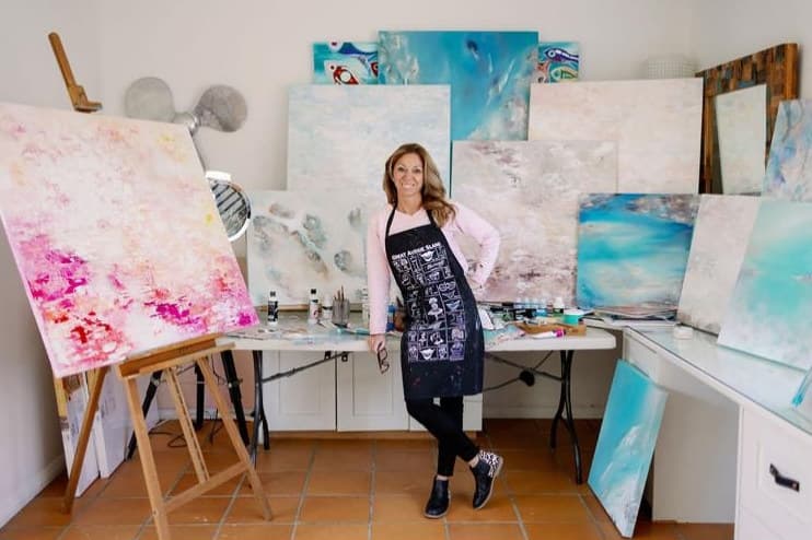 Ritushka’s studio in Lane Cove, Sydney, with large-scale abstract canvases stacked wall to wall