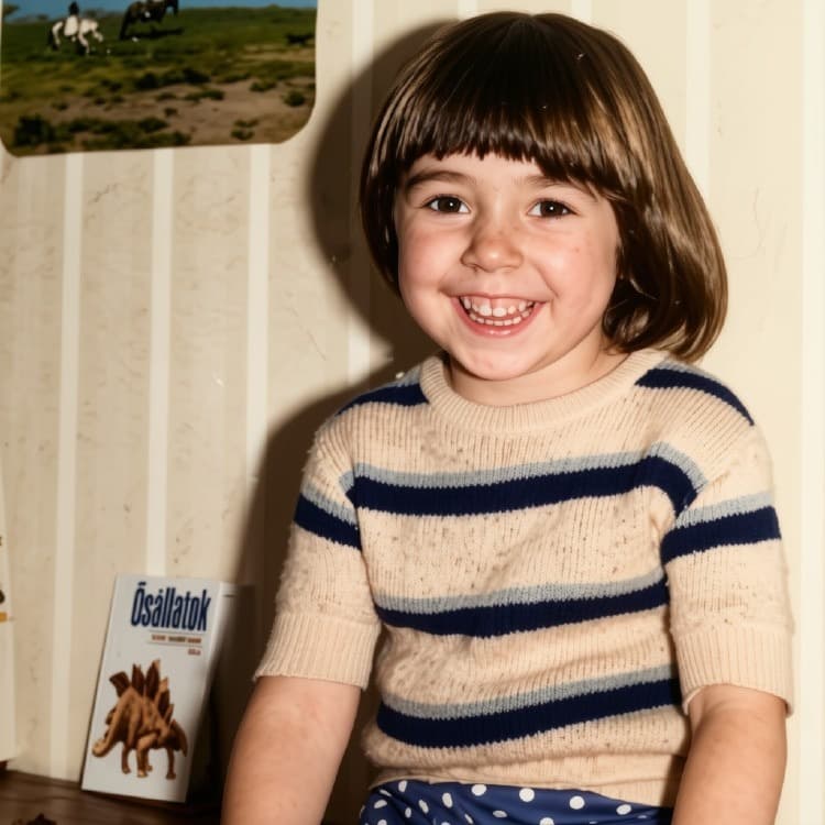 Ritushka as a young child in Hungary, smiling in a striped jumper