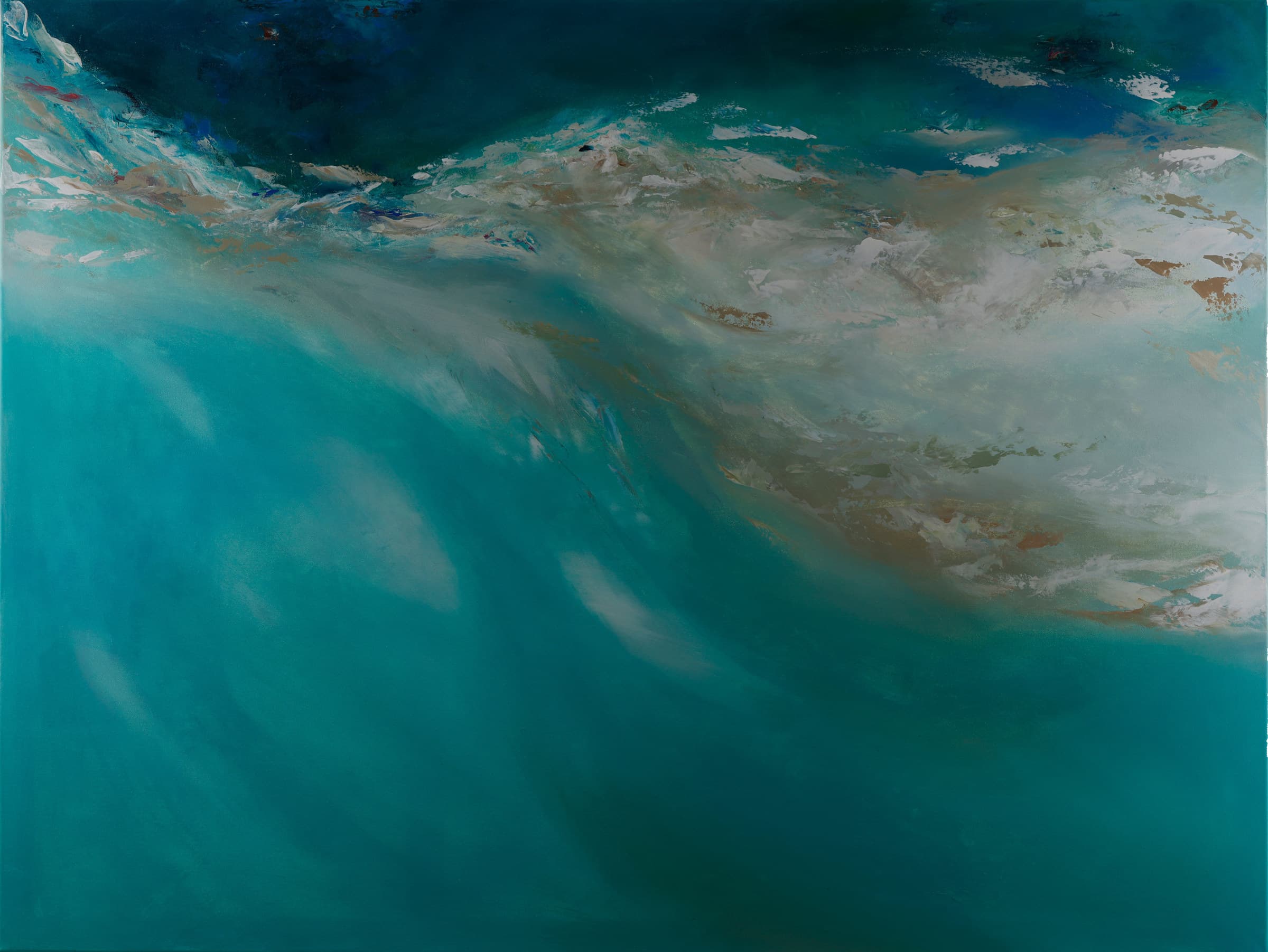 Approaching Destination — original abstract seascapes painting by Ritushka in deep teal, seafoam and warm sand