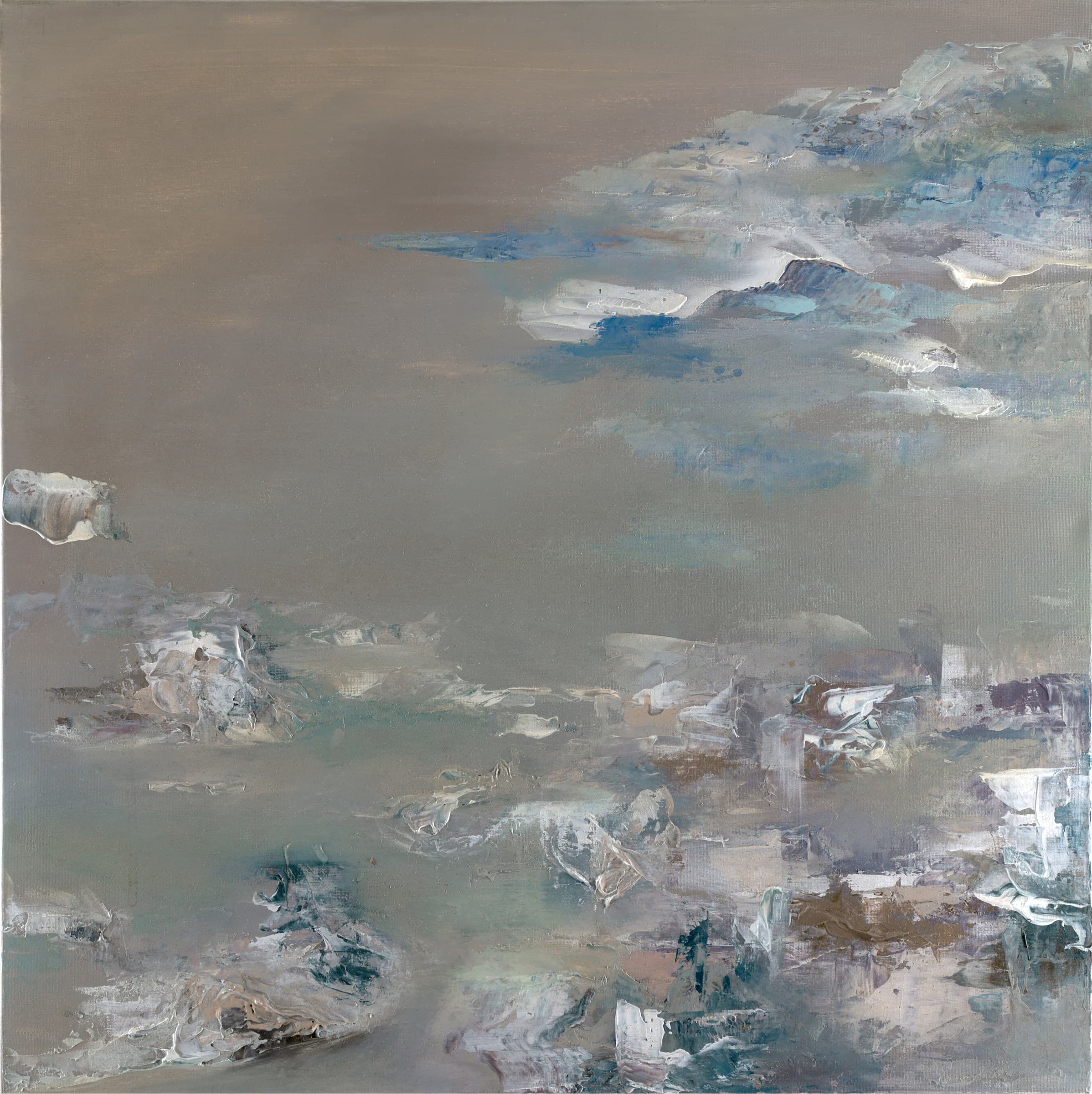 Blue Mountains — original abstract landscapes painting by Ritushka in stone grey, mist blue and chalk white