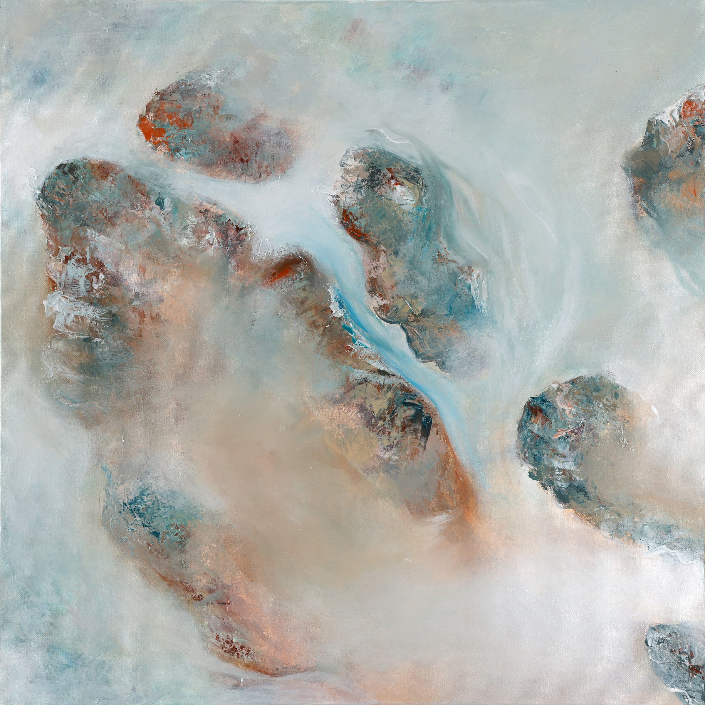 Rushing Shallows — original coastal abstract art painting by Ritushka in bone white, stone and pale aqua