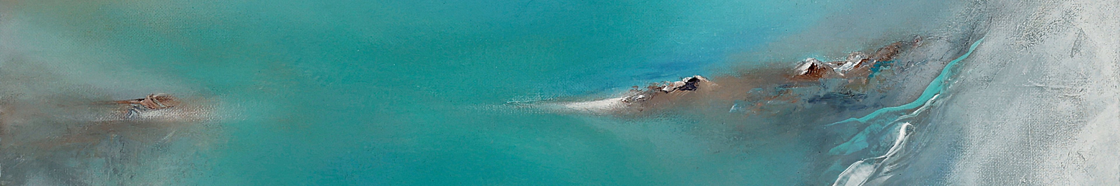 Detail of an abstract seascape painting by Ritushka, in turquoise and ochre
